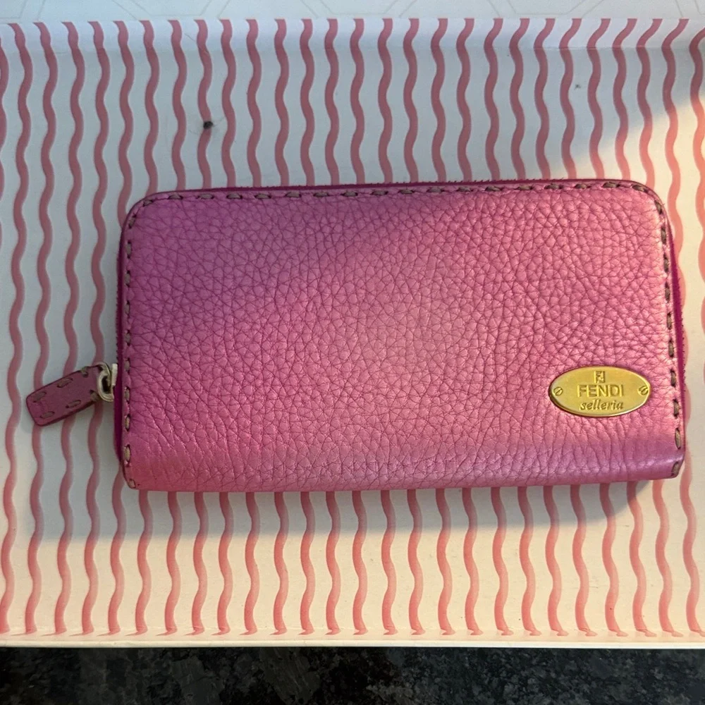 Fendi Pink Pebbled Leather Zip Card Holder with Gold Logo